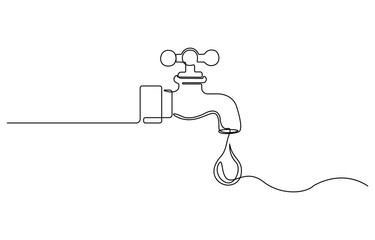 Continuous one line drawing of water faucet. One line drawing illustration of tap water. International handwashing day concept line art. Editable outline, Water tap with flowing water in one line art.