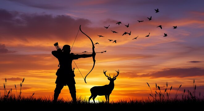 Silhouette Archer: Sunset Hunt with Deer and Birds