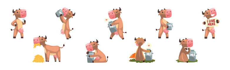 Funny Cow Farm Animal Character with Milk Vector Set