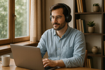 A freelancer sitting near a window with a laptop and headphones