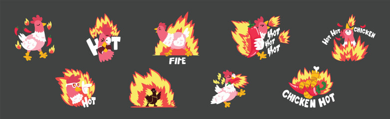 Hot Spicy Chicken with Fire as Grill and Roast Sticker Vector Set