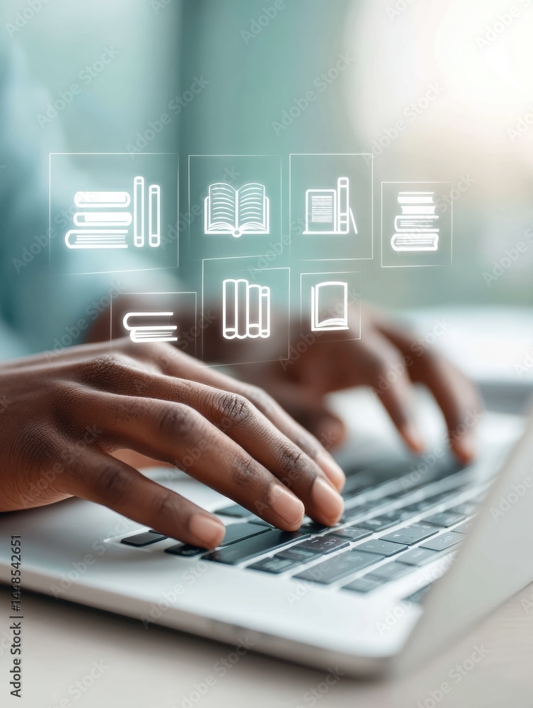 Aufkleber Immersive Digital Learning Revolution Gen Z Professional Navigating AI-Enhanced E-Learning Platform with Interactive Knowledge Icons in Minimalist Workspace