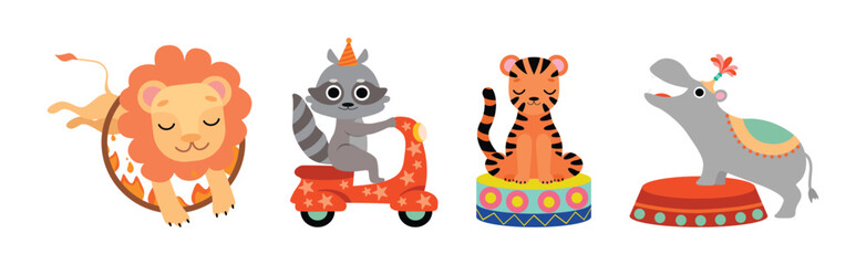 Cute Circus Animal Characters Tame Artist Performing Trick Vector Set