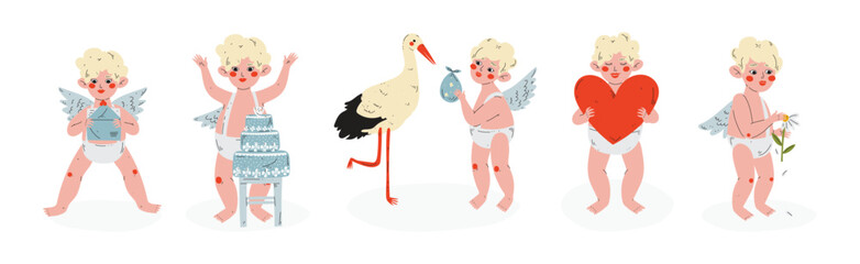 Funny Boy Cupid Character with Blond Hair and Wings Vector Set