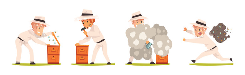 Man Beekeeper Harvest Honey from Bees Vector Set