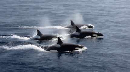 Fototapeta premium A Pod of Orcas Swimming in the Ocean with Sunlight Reflecting on the Surface