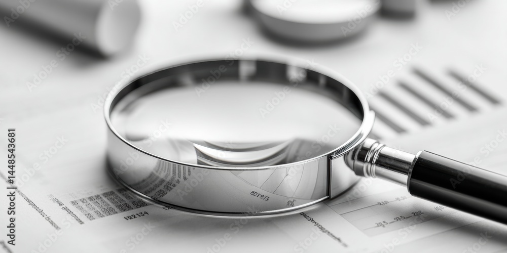 Poster minimalist financial analytics high-precision magnifying glass revealing data insights on contempora