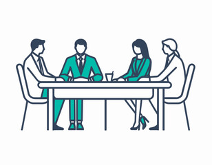 Meeting room, discussion, business conference, support group outline icon. Line sign group of three people sitting at table. Vector isolated pictograms on white background editable stroke.