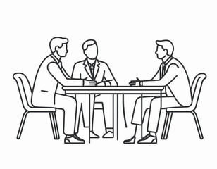 Meeting room, discussion, business conference, support group outline icon. Line sign group of three people sitting at table. Vector isolated pictograms on white background editable stroke.