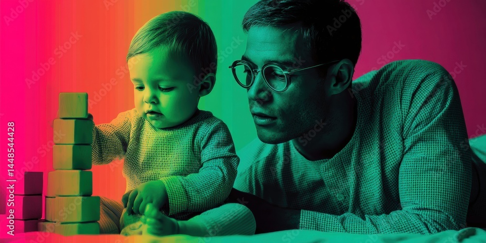 Poster Neurodivergent Play Reimagined Inclusive Early Learning Moment with Parent-Child Block Stacking in Vibrant Digital Wellness Aesthetic