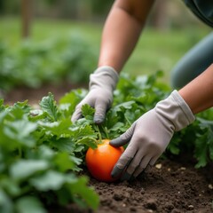 Fototapeta premium Woman’s hands picking vegetables in a garden bed, gloves on, close-up, fresh produce, natural daylight, square composition.