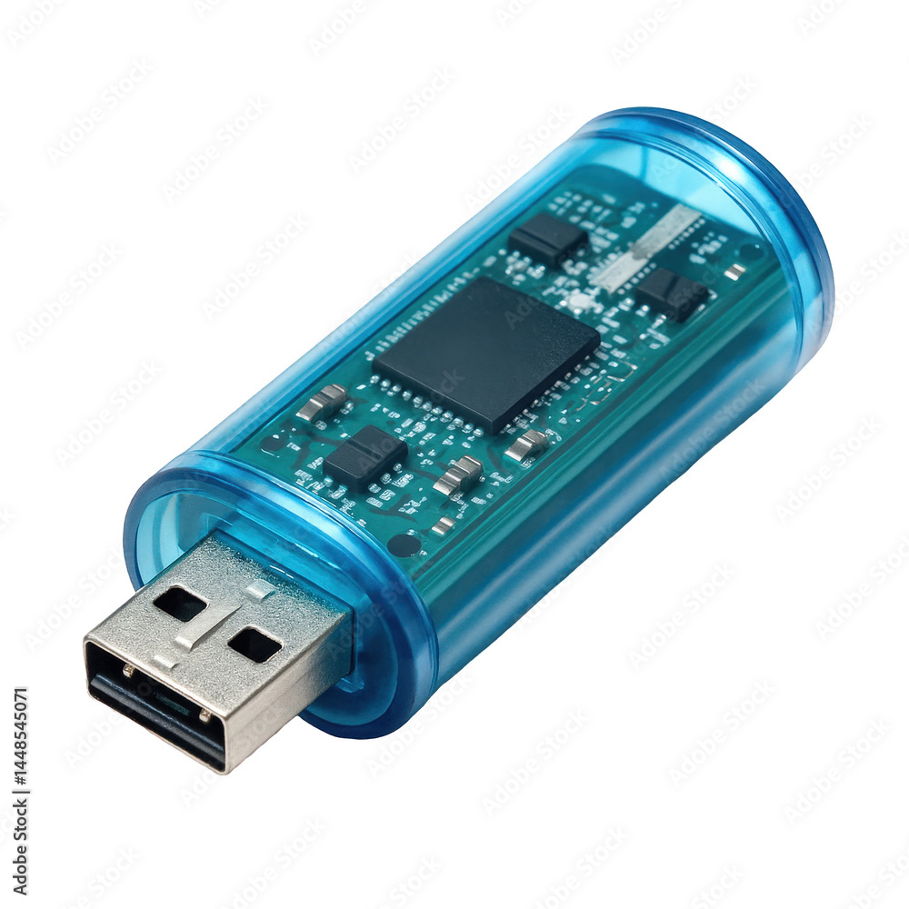 Poster portable data storage device featuring a translucent blue case that reveals its intricate electronic