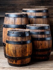 Fototapeta premium A Collection of Vintage Wooden Barrels - Rustic wooden barrels, aged texture, dark brown wood, metal bands, storage containers, aged wood. Symbolizing history, tradition, aging process, craftsmanship