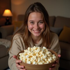 Young woman eats popcorn from a large bowl, smiling, cozy living room, soft lighting, close-up, square shot.

