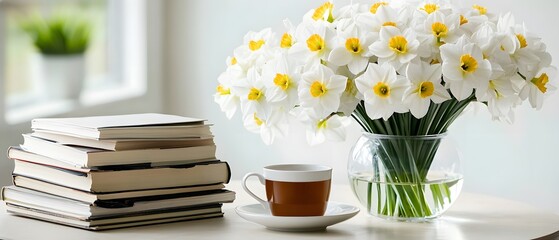 Spring Bouquet Daffodils with Books and Tea