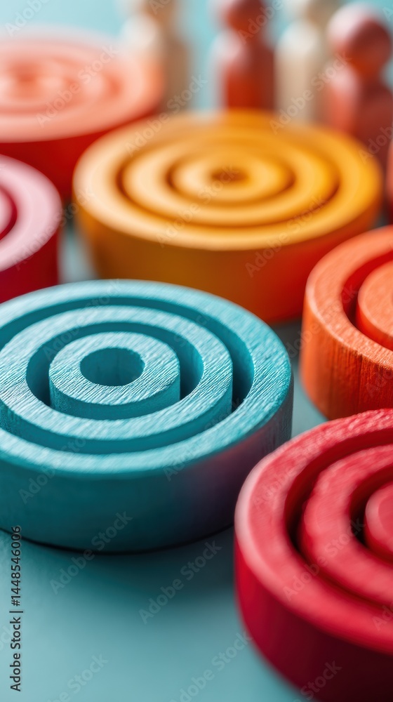 Poster Vibrant Concentric Circles Minimalist Design Strategy Visualization with Colorful Wooden Targets - Innovative Business Insight and Creative Problem-Solving Methodology