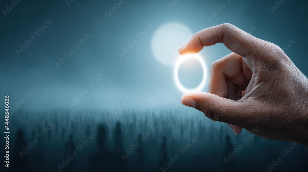 Poster minimalist tech insight precision hand holding luminescent digital sphere - innovative strategy visu
