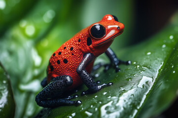 Obraz premium Vibrant Red Poison Dart Frog on Dew Kissed Leaf Rainforest Beauty Close Up Macro Shot