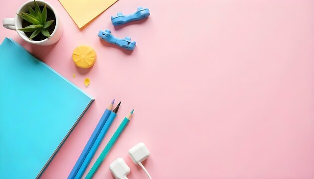 flat lay with blue school supplies isolated on pink with copy space