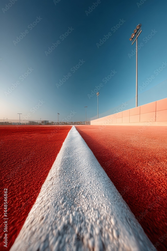 Poster Minimalist Athletic Infrastructure Dynamic Red Running Track with Architectural Perspective - High-Performance Sports Design and Urban Landscape Innovation