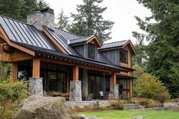 Modern mountain cabin showcasing natural materials and large windows surrounded by lush greenery in a serene forest setting