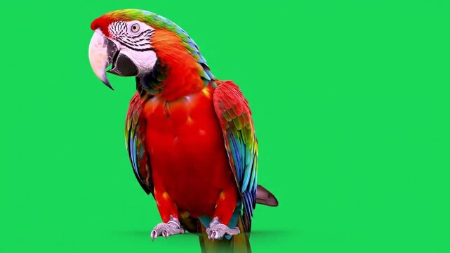 Scarlet Macaw Perched, Vivid Plumage, Tropical Bird Isolated on Green Screen, Exotic Wildlife.