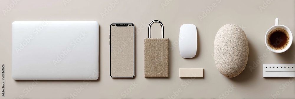 Poster minimalist digital security essentials neutral tone tech accessories showcasing modern workspace cyb