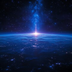 A bright light shines from behind a planet, illuminating the surface with blue light