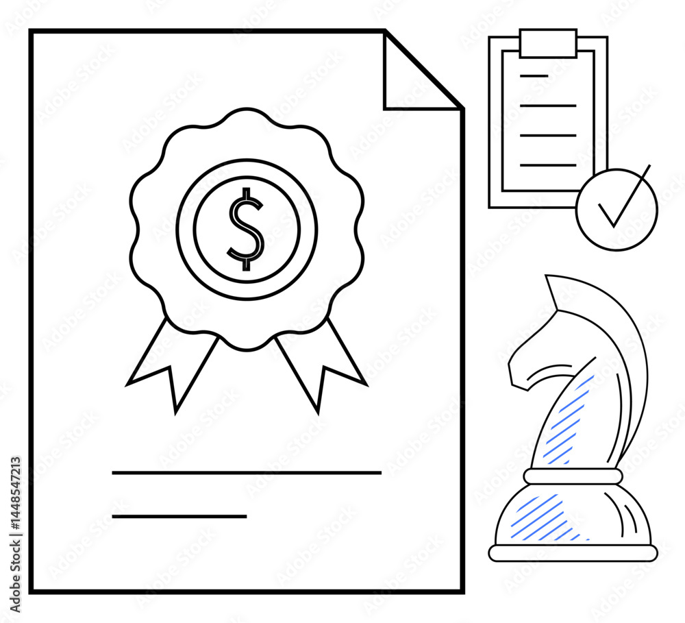 Poster certificate with dollar symbol and ribbons, checklist with checkmark, and a chess knight. ideal for 
