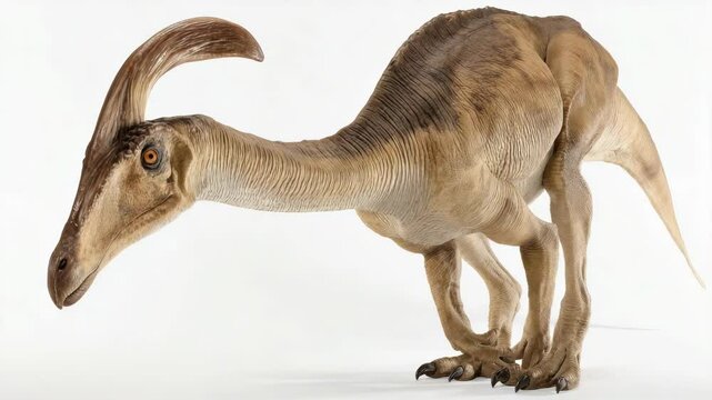 Parasaurolophus dinosaur detailed studio shot with crested head and long neck, prehistoric herbivore walking forward, isolated on white.