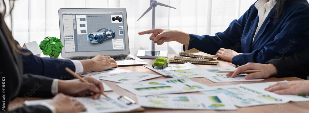 Poster electric car design software on computer screen showing simulation blueprint brisk by digital calcul
