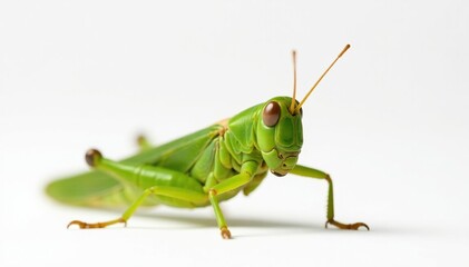 Green grasshopper isolated on pure white backdrop, studio shot, pest