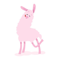 Funny cute llama with pink fur and tongue sticking out