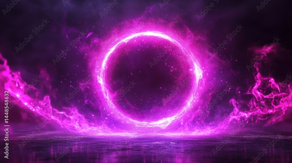 Poster a stunning image of abstract neon sphere of glowing particles and waves on dark backdrop. circle wit