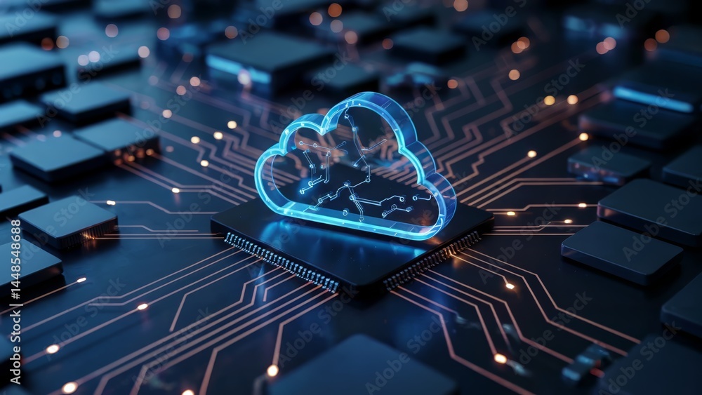 Poster glowing cloud computing symbol on circuit board