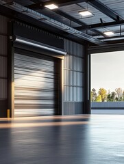 Fototapeta premium A stunning image of modern warehouse open roller door, ideal for commercial garage door representation, industrial building design. Empty parking lot outside. Roomy interior.