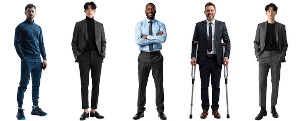 Diverse business team cutout, professionals including Estonian tech innovator, Korean man, non-binary person, man with crutches. Isolated on transparent background for corporate diversity visuals.