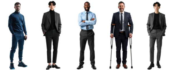 Diverse business team cutout, professionals including Estonian tech innovator, Korean man, non-binary person, man with crutches. Isolated on transparent background for corporate diversity visuals.