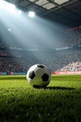 a soccer ball on the grass in front of a stadium
