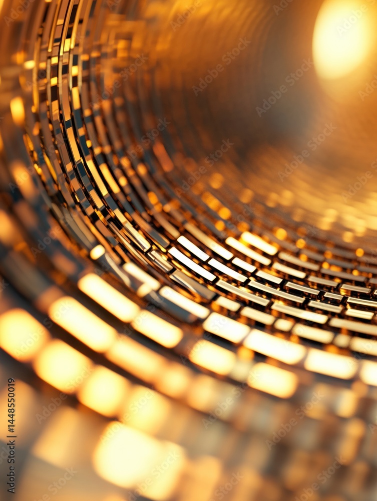 Poster Quantum Elegance Luminous Golden Geometric Abstraction Revealing Technological Complexity and Digital Innovation in Hypnotic Metallic Macro Perspective