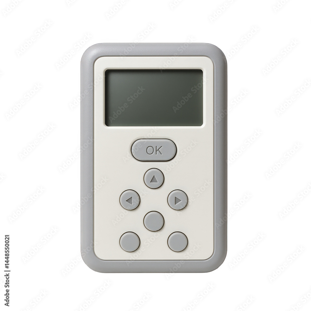 Poster compact electronic device featuring a clear digital display and multiple tactile control buttons for