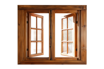 Rustic wooden window frame with clear glass panels in sunlight Isolated on transparent Background