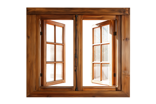Rustic wooden window frame with clear glass panels in sunlight Isolated on transparent Background