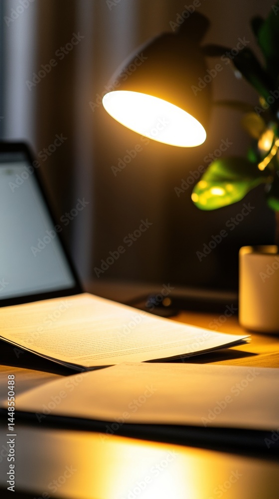 Poster modern digital workspace illumination minimalist home office workflow with warm led desk lamp, creat
