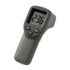Precise dark gray ergonomic non-contact thermometer with digital display showing Celsius temperature.