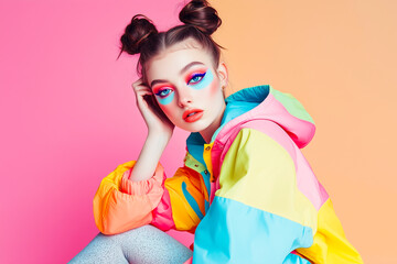 Fototapeta premium Colorful makeup girl in rainbow windbreaker on pastel orange background.