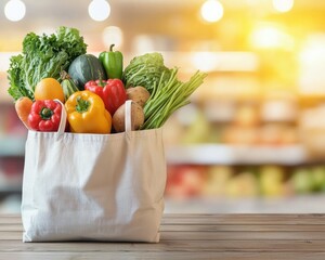 Zero waste eco-friendly zero emission. A reusable grocery bag filled with fresh vegetables sits on a wooden table, with a blurred grocery store background.