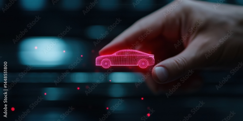 Poster futuristic automotive design visualization advanced holographic vehicle wireframe prototype showcasi