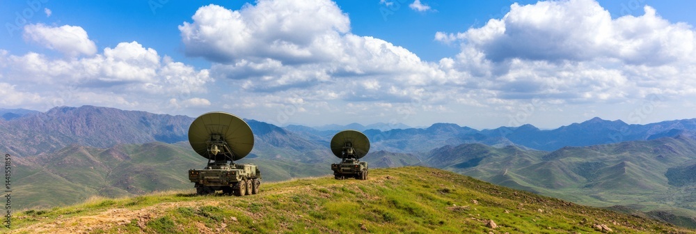 Poster Tactical Geospatial Intelligence Next-Gen Military Signal Interception Radar Systems Showcasing Advanced Defense Technology in Pristine Mountain Terrain