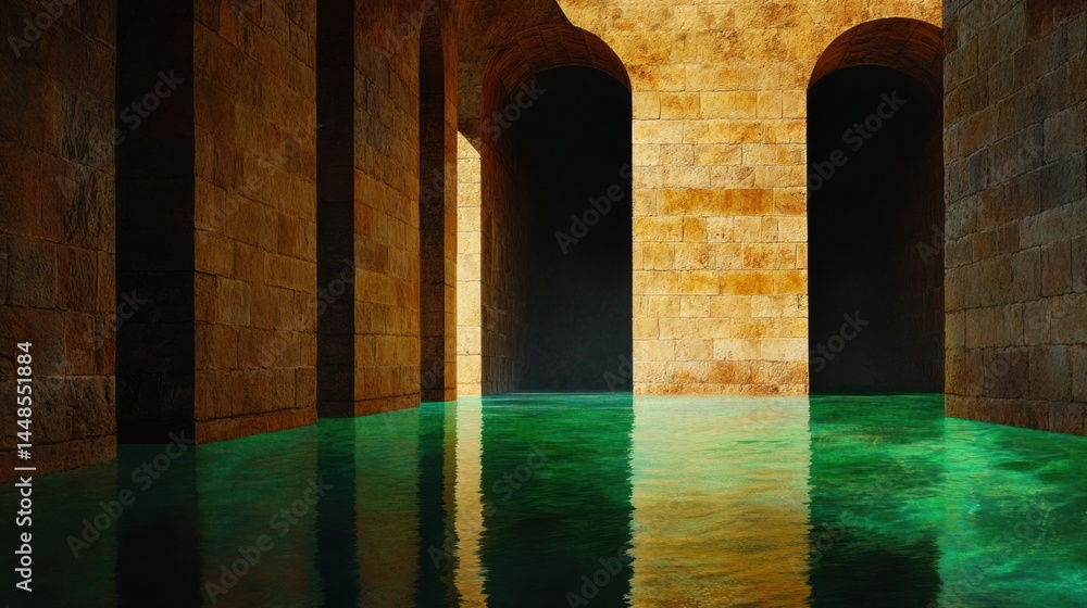 Leinwandbilder ethereal architectural waterscape luminescent green pool illuminating historic stone arches - immers